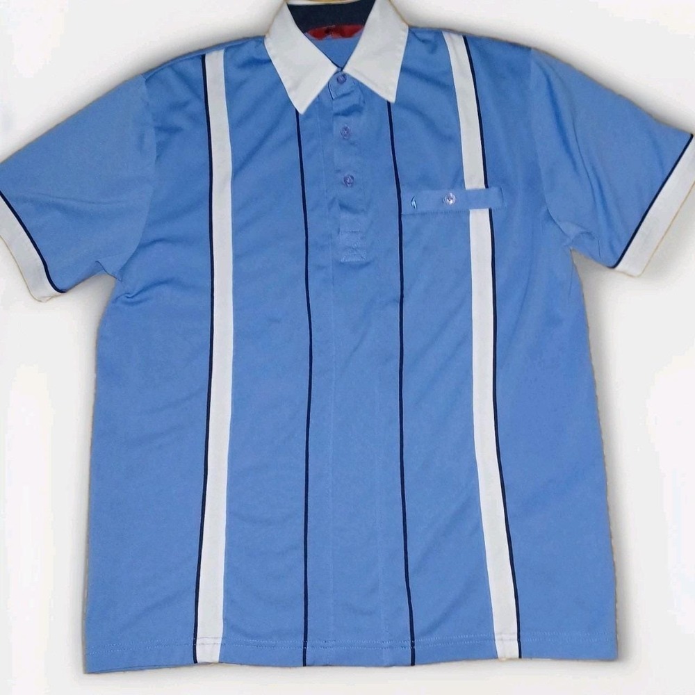 Gabicci Mens Vintage Style Retro Mod‎ Striped Knit Polo Shirt Blue White Small